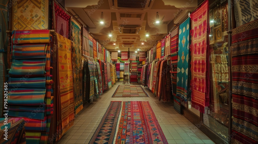 A panoramic view of a handloom weaving exhibition, illustrating the diversity and beauty of handloom fabrics from various regions of India.