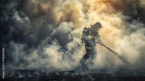 Skilled brave firefighter wearing safety gear and holding water hose to extinguish fire or prepare to put out fire. Portrait of energetic fireman wearing protective cloth and survive in fire. AIG42.