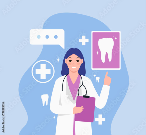 Vector illustration of a woman dentist pointing at a poster with a picture of a healthy tooth.