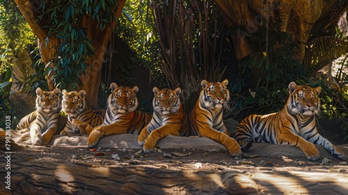 A panoramic view of a tiger family resting together in the shade, illustrating the bond and social dynamics within a tiger pride on International Tiger Day.