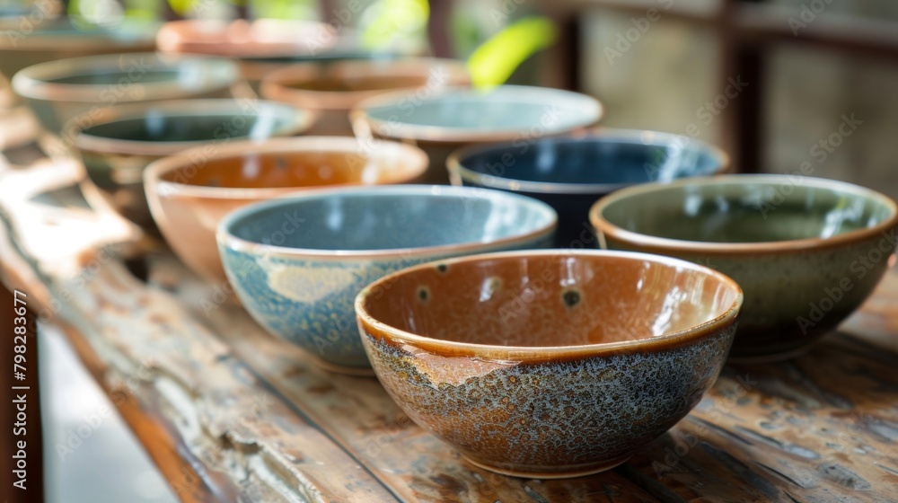 A set of salad bowls each with a different glaze color making them both practical and visually appealing.. A set of salad bowls each with a different glaze color making them both practical and visually appealing..