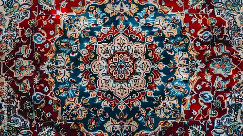 Detailed view of a hand-knotted Persian carpet with a classic medallion center and vibrant reds and blues