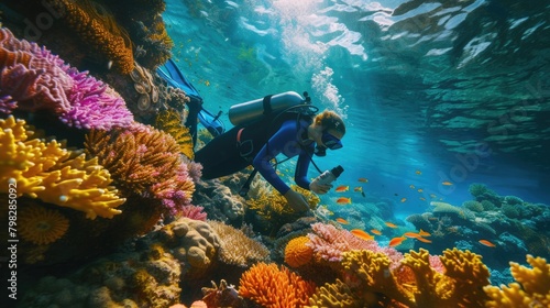 Professional scuba diving exploring under the sea with fantasy view and vibrant beautiful coral. Skilled smart marine scientist learning and researching about fish and underwater environmental. AIG42.