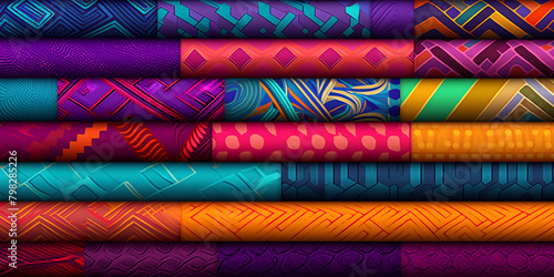 colorful bright background, collage of different fabric patterns photo