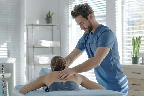 Charming and handsome physical therapist, in his office is giving a massage to a woman.