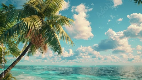 A lush tropical scene featuring a coconut tree swaying in the breeze  with a clear blue sky and turquoise water in the background.