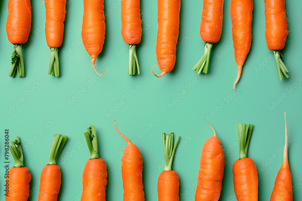 Row of Fresh Carrots on Green Background with Pointing Tops Row of Fresh Carrots on Green Background with Pointing Tops