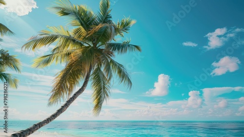 A lush tropical scene featuring a coconut tree swaying in the breeze, with a clear blue sky and turquoise water in the background.