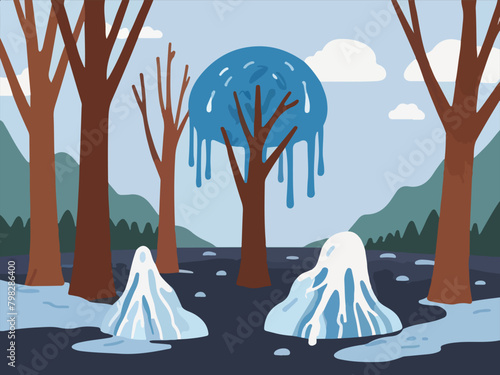 Danger Sign Of Climate Change - Global Warming with a vector depicting a dry tree in a cold landscape surrounded by melting ice.