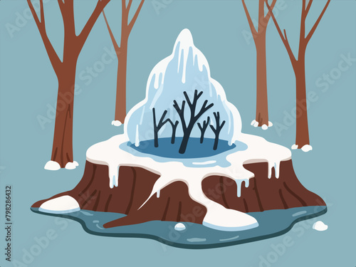 Danger Sign Of Climate Change - Global Warming with a vector depicting a dry tree in a cold landscape surrounded by melting ice.