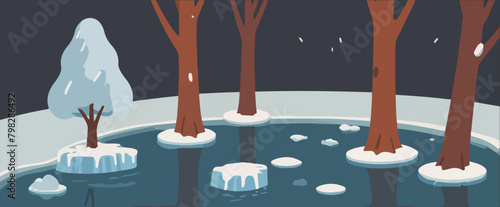 Danger Sign Of Climate Change - Global Warming with a vector depicting a dry tree in a cold landscape surrounded by melting ice.