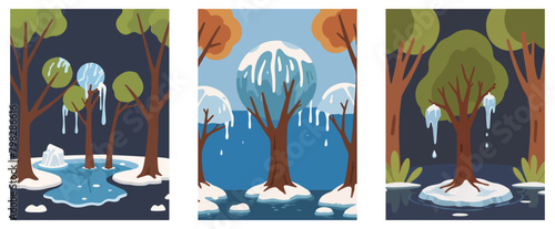 Danger Sign Of Climate Change - Global Warming with a vector depicting a dry tree in a cold landscape surrounded by melting ice.