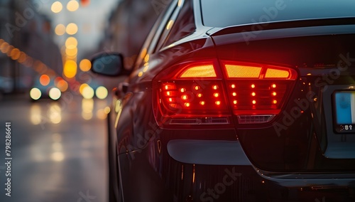 rear light on black car in city street, with sunset lighting © Yi_Studio