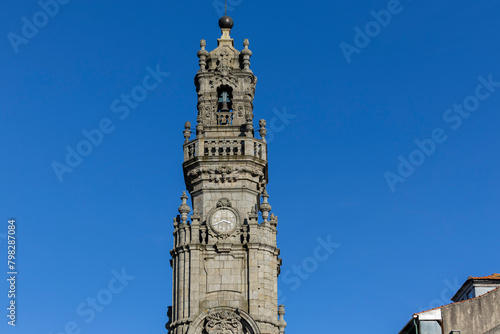 Detail of the clock tower of the Clérigos Tower in Porto, Portugal