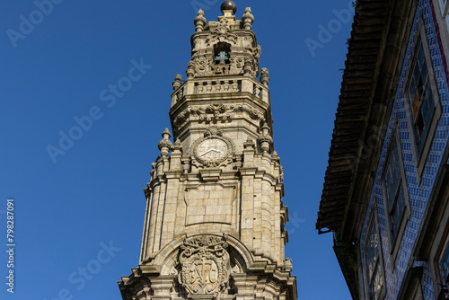 View of the tower of Clerigos in Porto. City of Porto, Portugal.