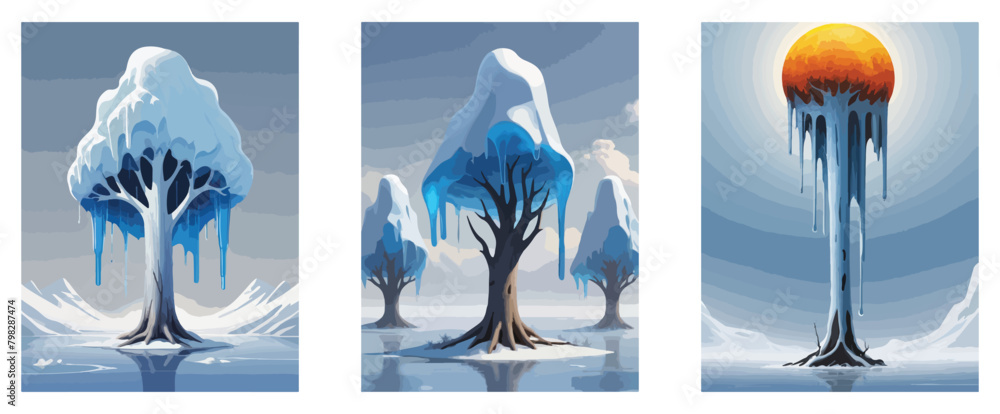 Danger Sign Of Climate Change - Global Warming with a vector depicting a dry tree in a cold landscape surrounded by melting ice.