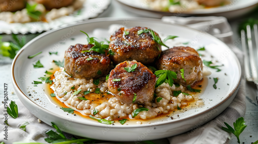 Studio photograph of buckwheat porridge served with cutlets on a white plate Studio photograph of buckwheat porridge served with cutlets on a white plate