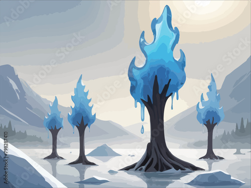 Danger Sign Of Climate Change - Global Warming with a vector depicting a dry tree in a cold landscape surrounded by melting ice.