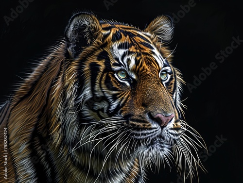 Behold the majestic presence of a tiger, its powerful gaze piercing through the darkness of a black background. In this captivating portrait, the tiger's regal demeanor is highlighted