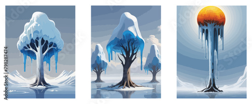 Danger Sign Of Climate Change - Global Warming with a vector depicting a dry tree in a cold landscape surrounded by melting ice.