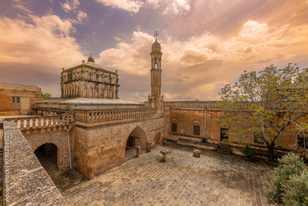 Unique architectural details and blue sky of the Virgin Mary Monastery located in Anitli village of Midyat district of Mardin