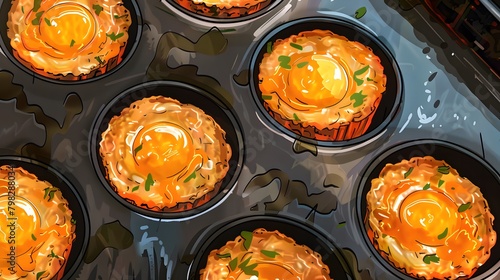 Golden Cheesy Egg and Hash Brown Cups, Delicious Family Breakfast, colorful illustration photo