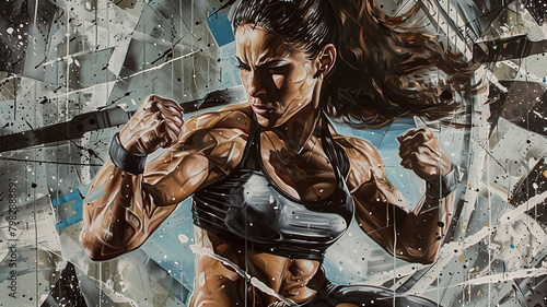 image of painting of the beautiful body builder in the futurism style  roundism painting