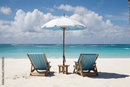 Two blue beach chairs under an umbrella on a beach. Summer season concept. photo