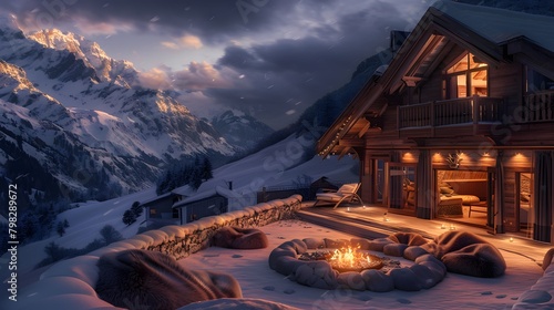 A cozy alpine chalet nestled among snow-covered peaks, with a crackling fire pit outside and plush fur blankets inside, inviting cuddles and warmth. photo