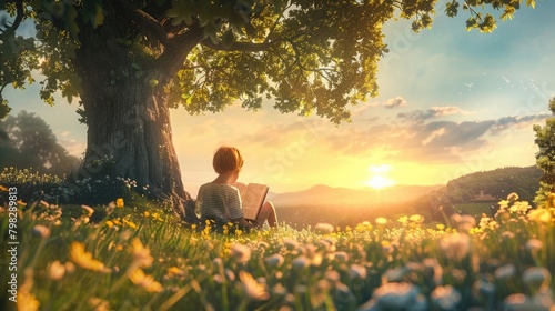 A picturesque view of a child reading under a tree in a sunlit meadow, capturing the magic and wonder of storytelling on International Literacy Day.