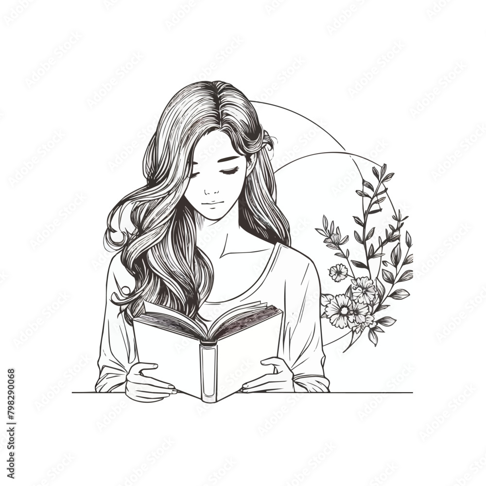 Monochromatic 1920s girl reading chic hair floral circle with vector art Monochromatic 1920s girl reading chic hair floral circle with vector art