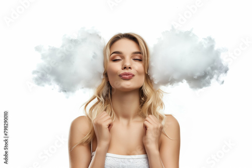 A young beautiful woman in a small white top dreaming with closed eyes among the clouds, on a white background