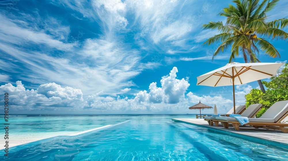 A breathtaking resort landscape featuring a swimming pool under a blue sky with clouds, located in the Maldives. Chairs and loungers under an umbrella amidst palm leaves