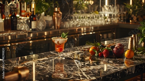 A meticulously crafted cocktail sitting on a polished marble bar  surrounded by gleaming glassware and garnished with exotic fruits and herbs