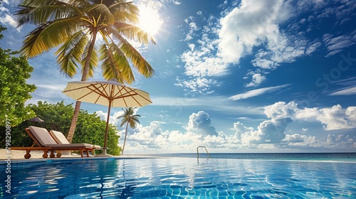 A breathtaking resort landscape featuring a swimming pool under a blue sky with clouds, located in the Maldives. Chairs and loungers under an umbrella amidst palm leaves