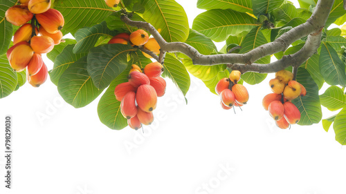 A branch of ackee fruit hanging amidst lush green leaves, isolated on a white background. photo