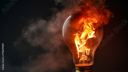 A glowing lightbulb with filaments igniting in flames, surrounded by swirling smoke against a dark backdrop. photo