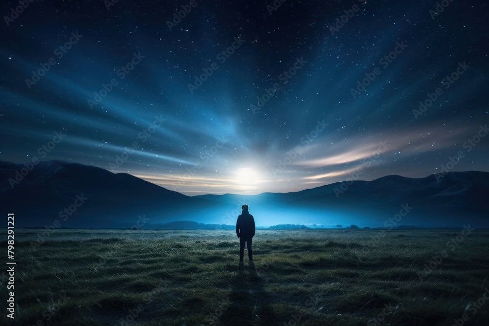 A man standing in a field by a glowing milky way stars photography landscape mountain.