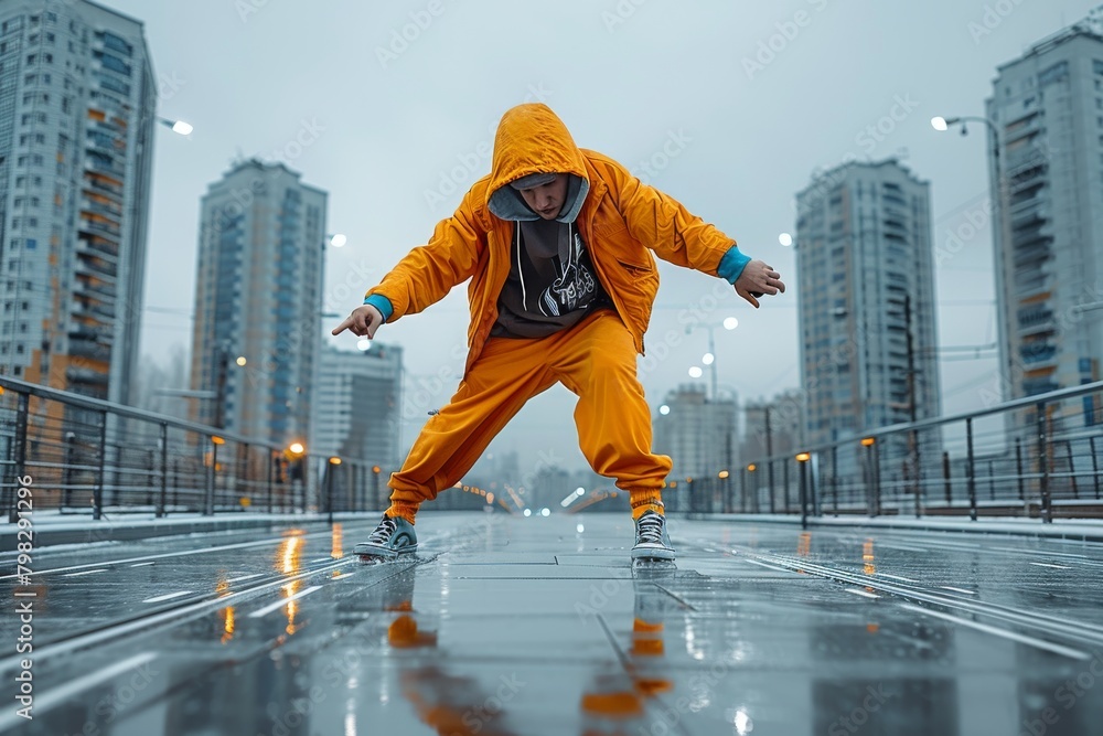 Man Skateboarding in Orange Outfit on City Street Man Skateboarding in Orange Outfit on City Street