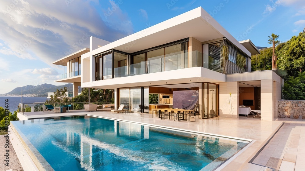 A modern beachside villa featuring a contemporary swimming pool, illustrating a luxurious lifestyle