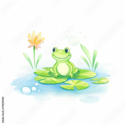 A green frog is sitting on a lily pad in a pond