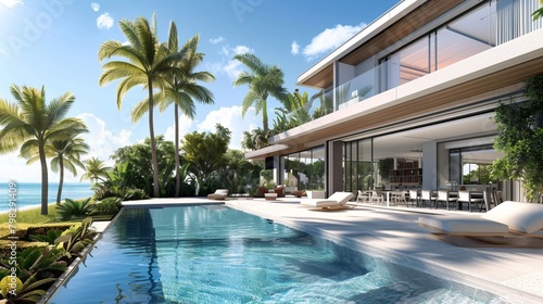 A modern beachside villa featuring a contemporary swimming pool, illustrating a luxurious lifestyle