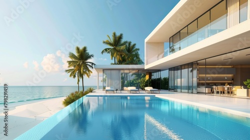 A modern beachside villa featuring a contemporary swimming pool  illustrating a luxurious lifestyle