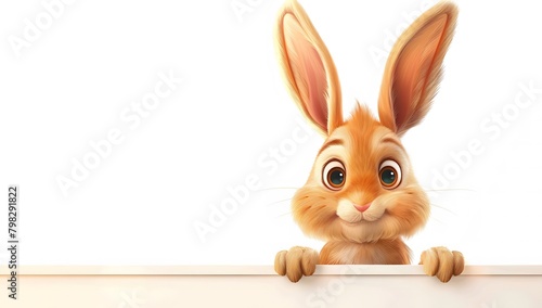 cute rabbit character peeking over the edge of a white banner