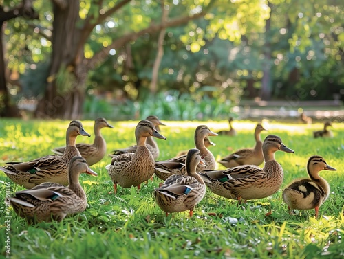 A delightful scene unfolds as a flock of ducks gathers to enjoy a meal on the lush green grass. With their feathers glistening in the sunlight, the ducks peck and waddle contentedly photo