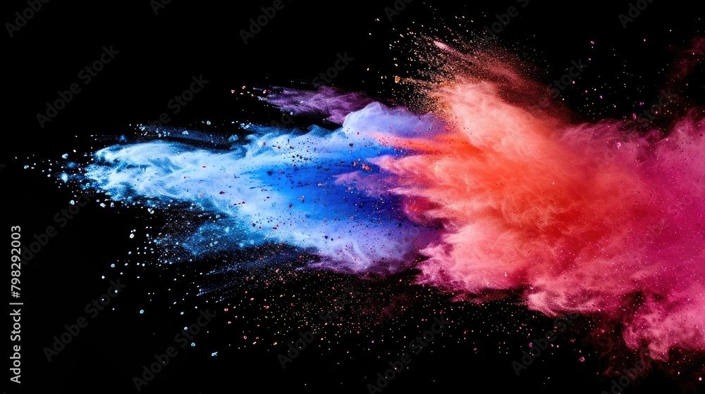 colorful powder explode on black background captured in high speed at side view