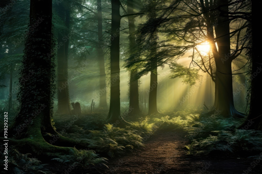 Green forest landscape sunlight woodland.