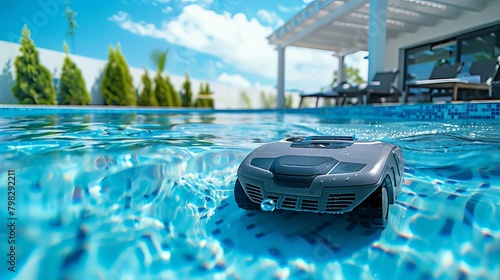 A robotic pool cleaner in action, maintaining a swimming pool by cleaning its bottom and walls, providing an essential service before the summer swimming season photo