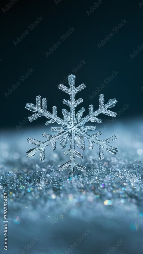 Macro photo of a large beautiful crystal snowflake in the snow at night Macro photo of a large beautiful crystal snowflake in the snow at night