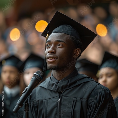 The graduates and diplomas stood in front of the mic wearing graduation attributes and school graduation caps giving a warm welcome. For university, happiness, success, education, academics.